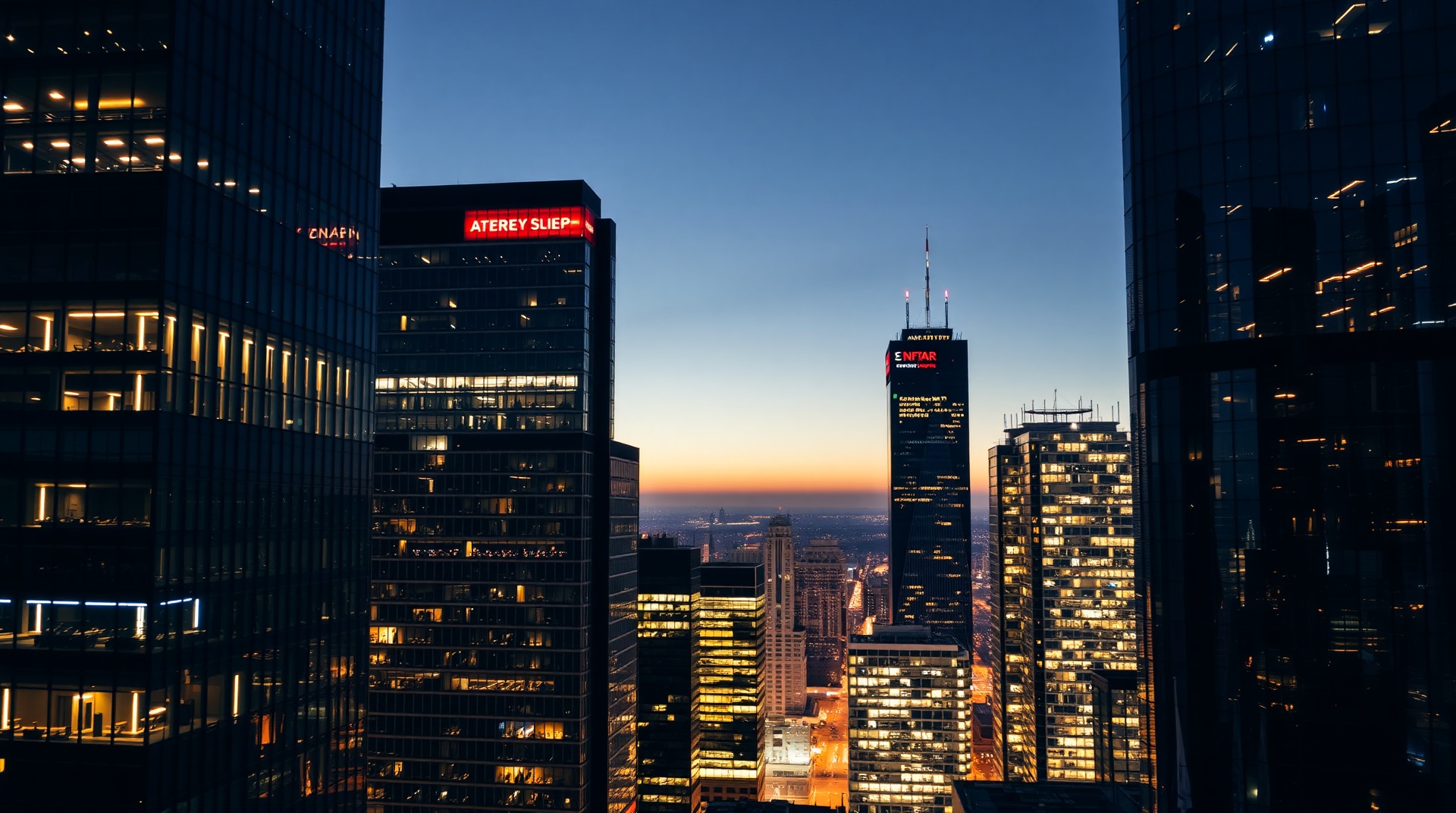 Modern illuminated office towers at night representing round-the-clock business operations and 24/7 availability