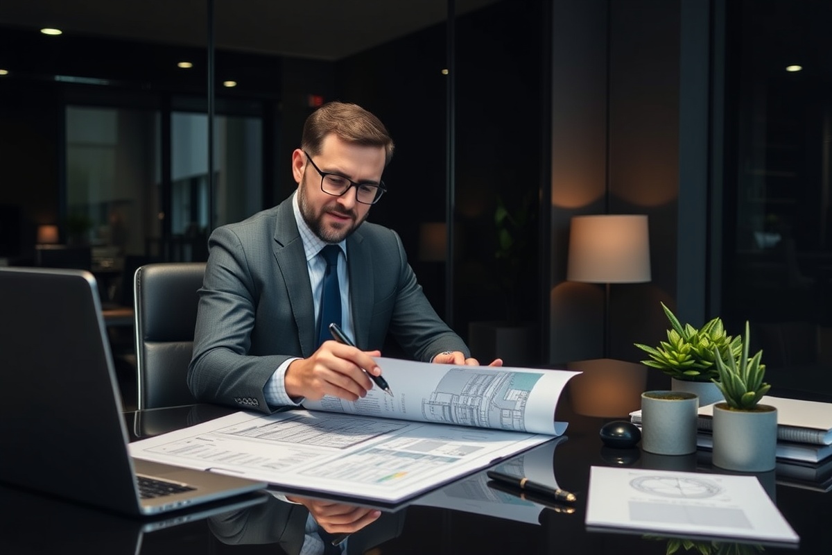 Property management professional reviewing insurance documents and building plans