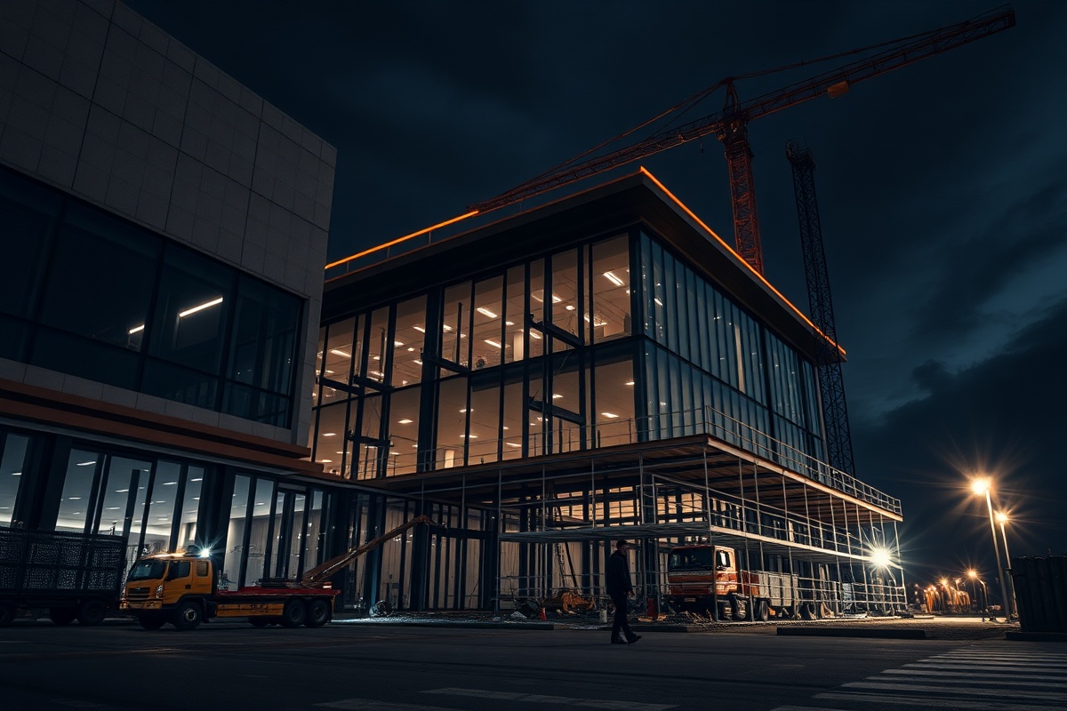 Construction site of modern commercial building with professional team