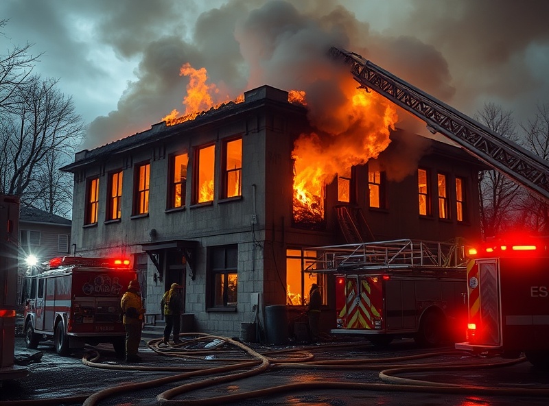 Fire and natural disaster recovery showing building restoration after fire damage with emergency services