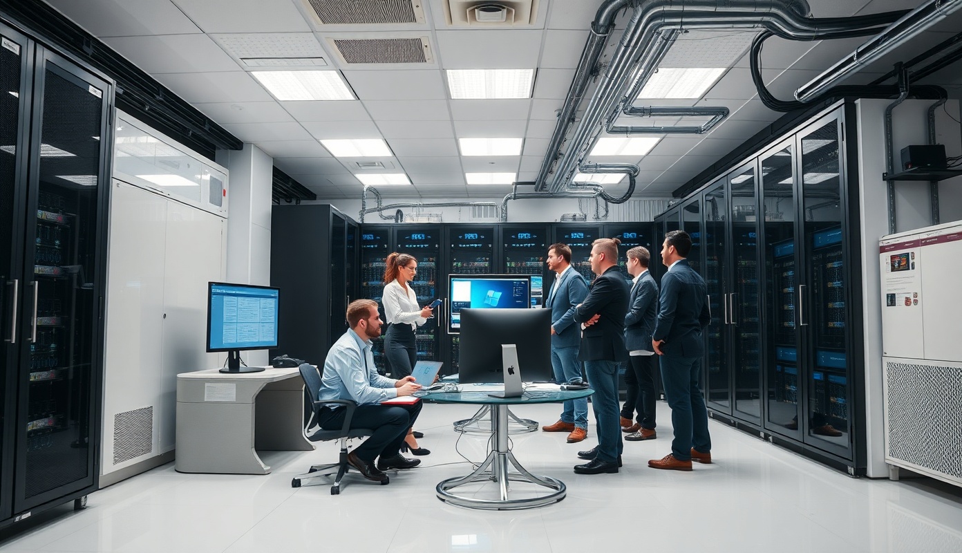 Professional business continuity team in a resilient server room with backup power systems ensuring business operations continue