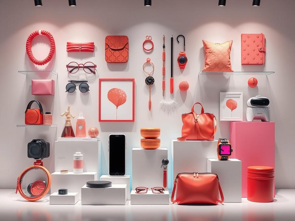 A high-resolution photo of a stylish, modern product display showcasing a variety of trendy items, such as fashion accessories, home decor, and tech gadgets. The composition should be minimalistic with clean lines and bold vibrant colors. The background should be simple and elegant, focusing on the products to highlight their appeal.