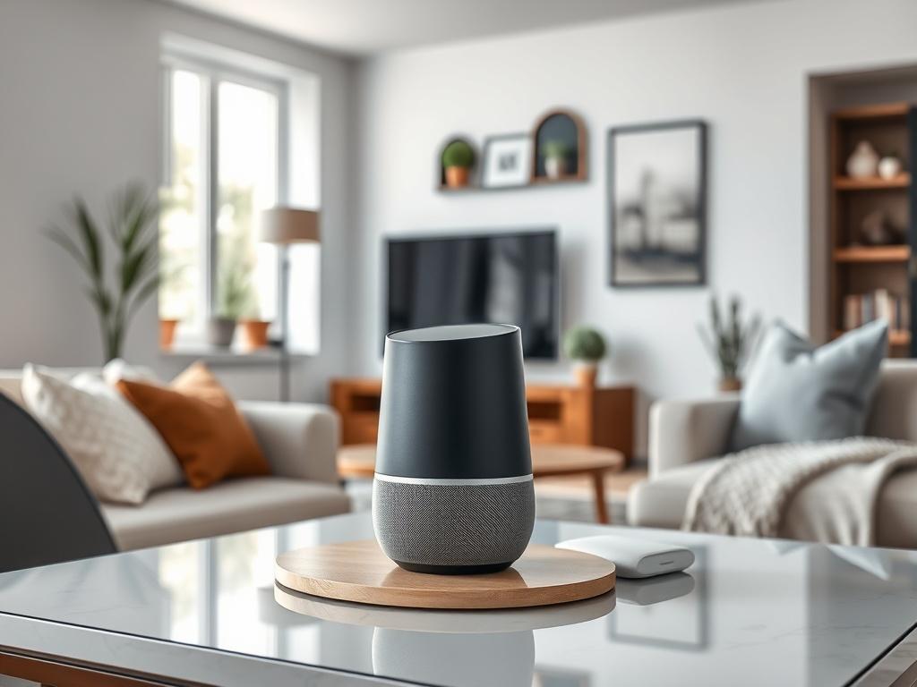 A sleek smart home device, like a voice controlled assistant,