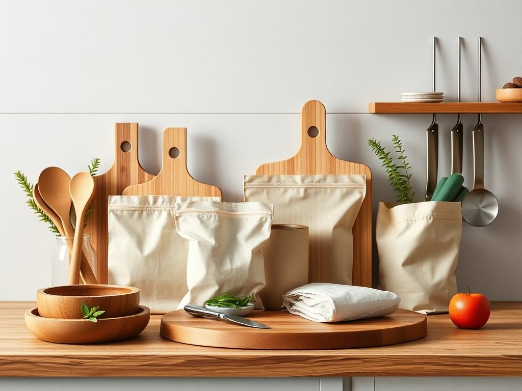 A beautifully arranged eco friendly kitchen tool set featuring bamboo