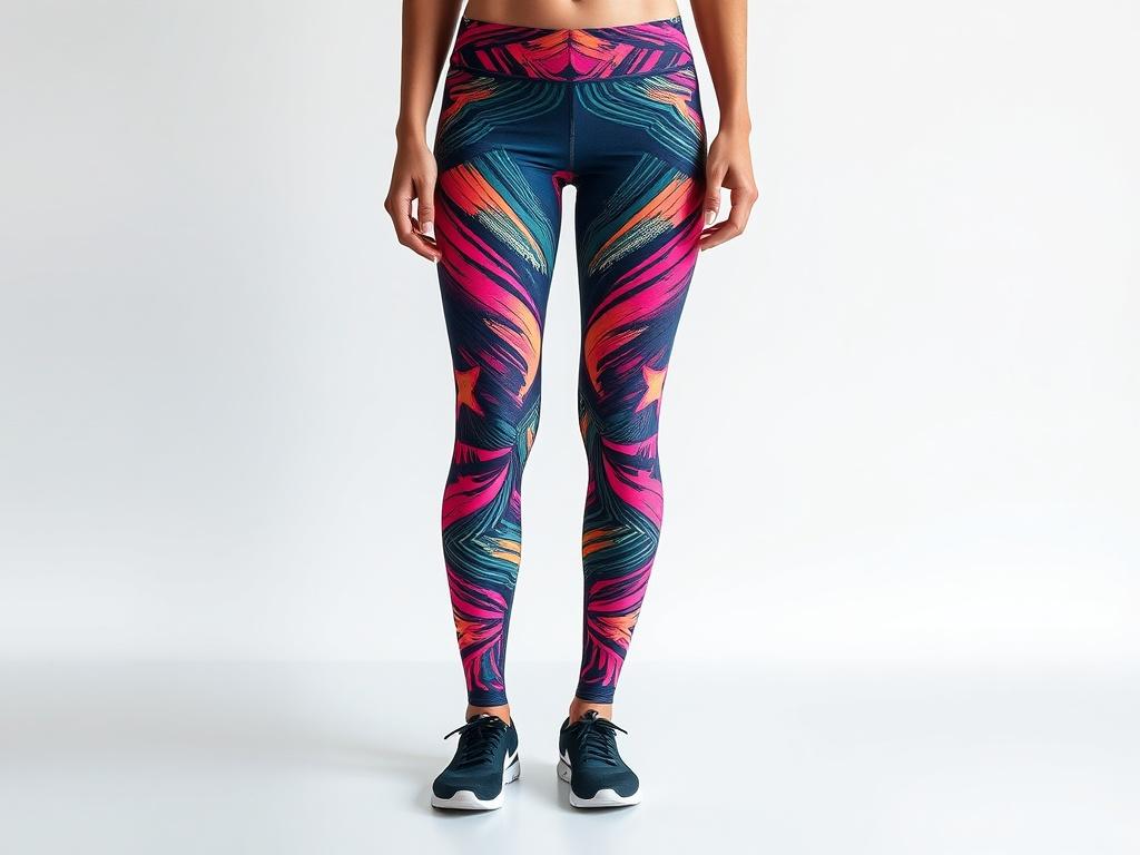A single pair of vibrant, moisture wicking leggings displayed on