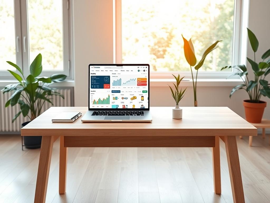 Generate a realistic high-resolution image featuring a single, elegant workspace that symbolizes the essence of online dropshipping success. The composition should be minimalistic and uncluttered, showcasing a sleek, modern desk made of light wood. On the desk, prominently display a high-quality laptop with an open screen showing a visually appealing dropshipping website dashboard, filled with clear analytics and colorful product listings.

Include a stylish notebook and a pen to the side, indicating planni