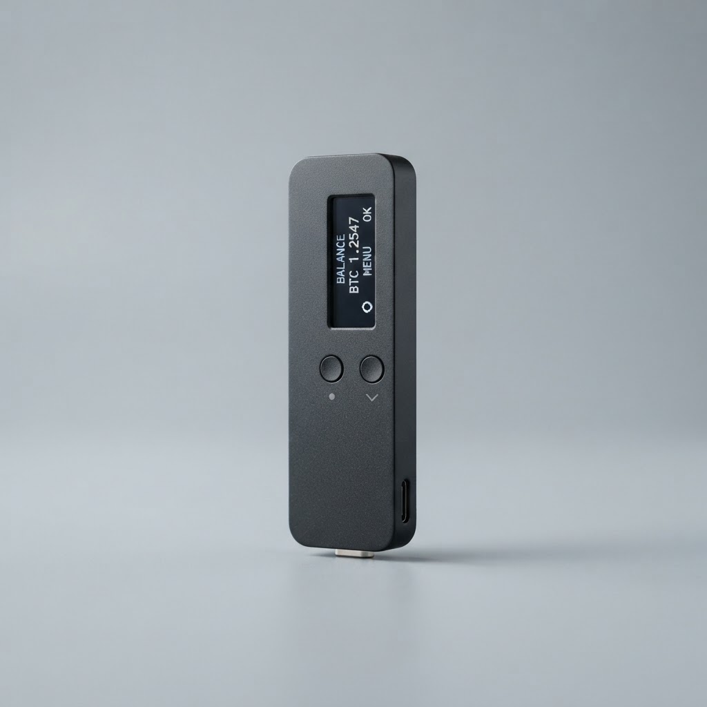 Graphite hardware wallet device shown upright on a neutral background