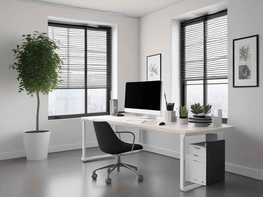 A high-resolution photo of a minimalist workspace with a sleek computer setup, featuring clean lines and negative space. The background is simple and uncluttered, with a focus on essential elements like a stylish desk, a plant, and a modern lamp. The color scheme should subtly incorporate shades of rgb(50, 170, 39) to create an inviting atmosphere.