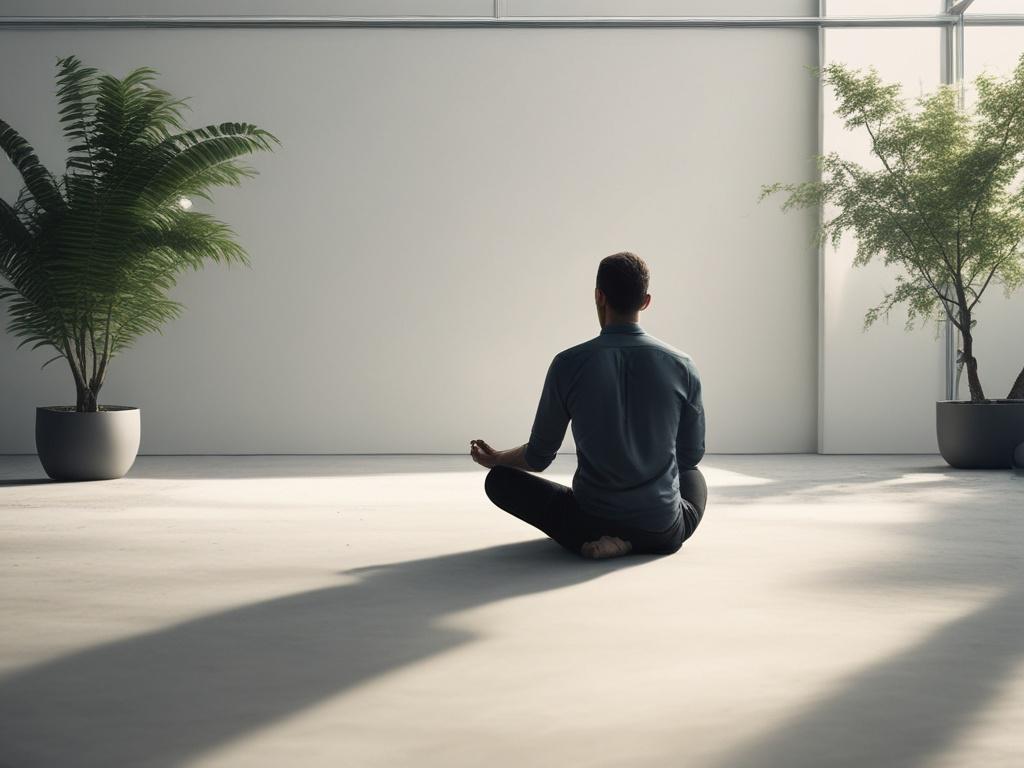 A peaceful, minimalistic scene featuring a person meditating with technology