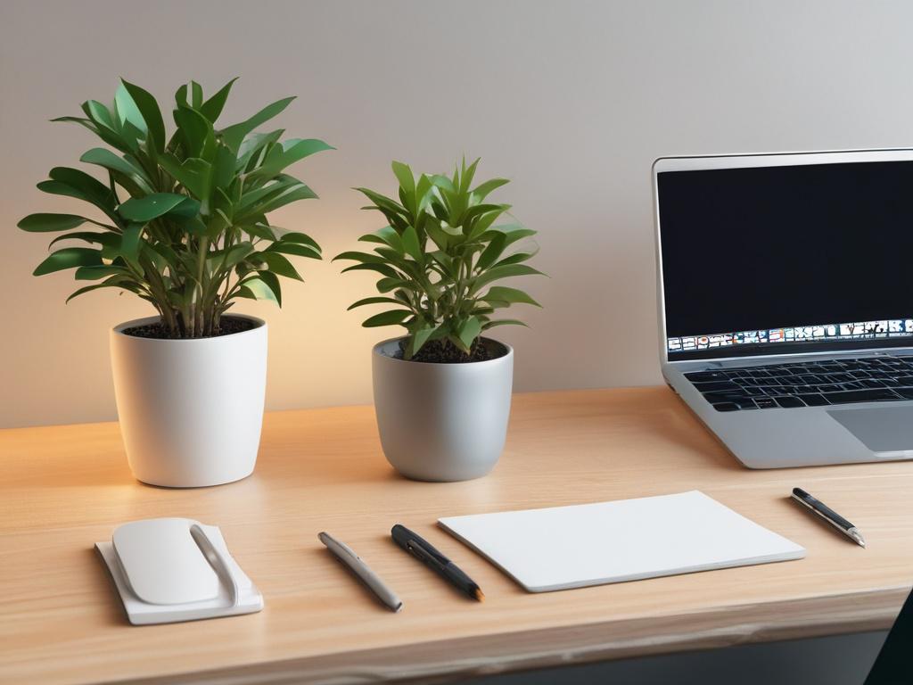 A clean workspace with a minimalist desk, a laptop open,