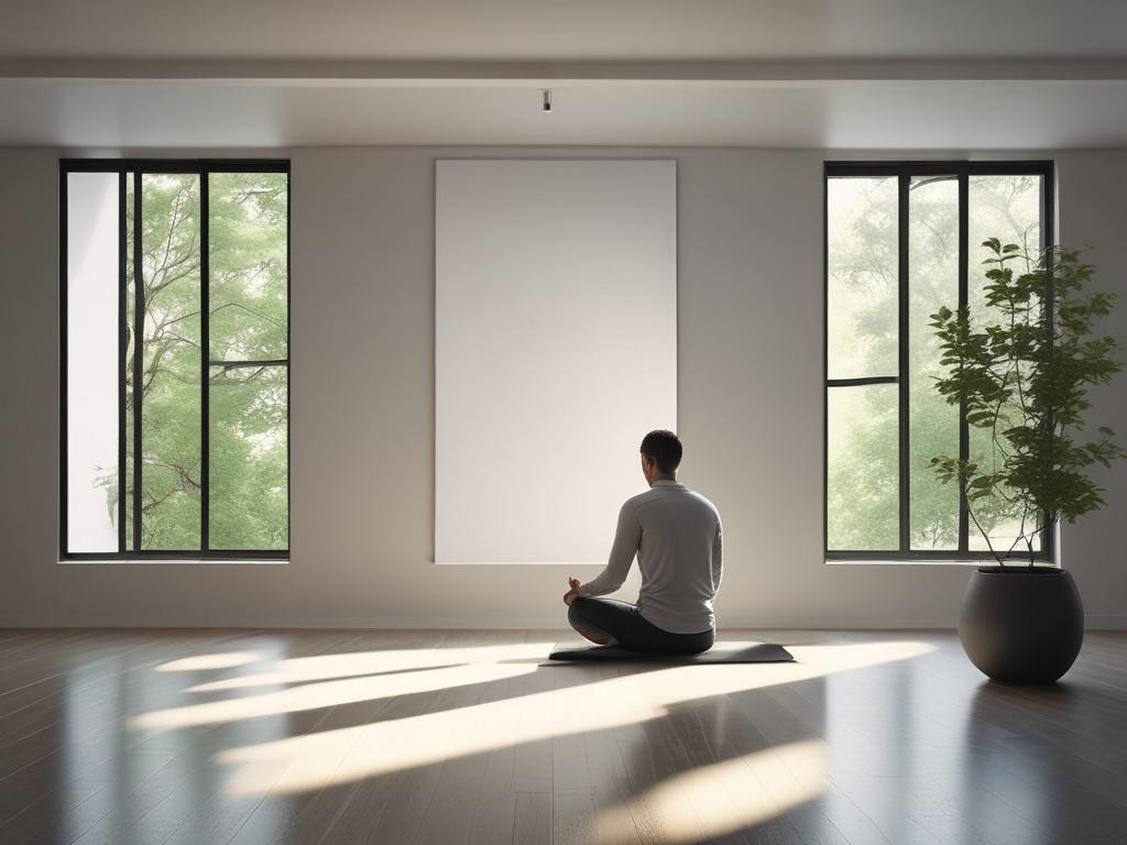 A serene environment with a person meditating in a minimalistic