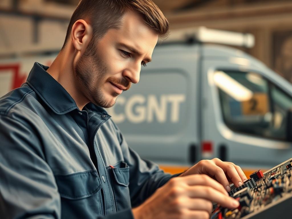 A close up shot of a professional electrician wearing a