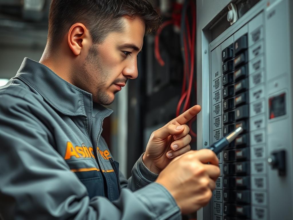 A close up shot of a professional electrician inspecting a