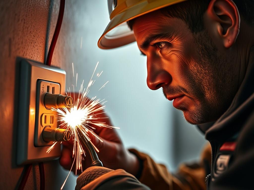 A dramatic close up of an electrician addressing an emergency