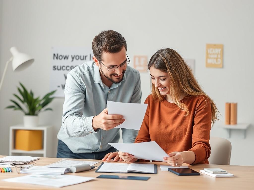 A supportive mentor guiding a client through paperwork and digital forms, showcasing a productive workspace. The background includes motivational elements, indicating a journey towards success.