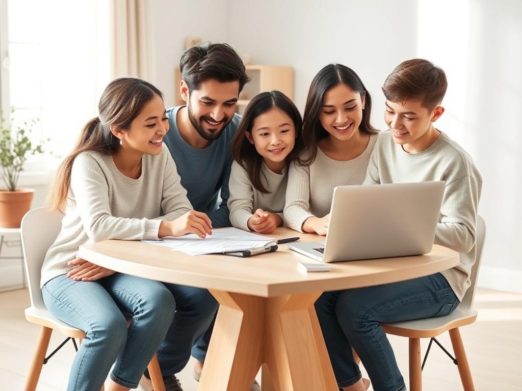 A serene family sitting around a table with a laptop open, reviewing tax solutions together. Soft natural light illuminates the scene, highlighting their relaxed expressions. The background features a calm home environment with minimalistic decor, emphasizing a sense of clarity and peace.