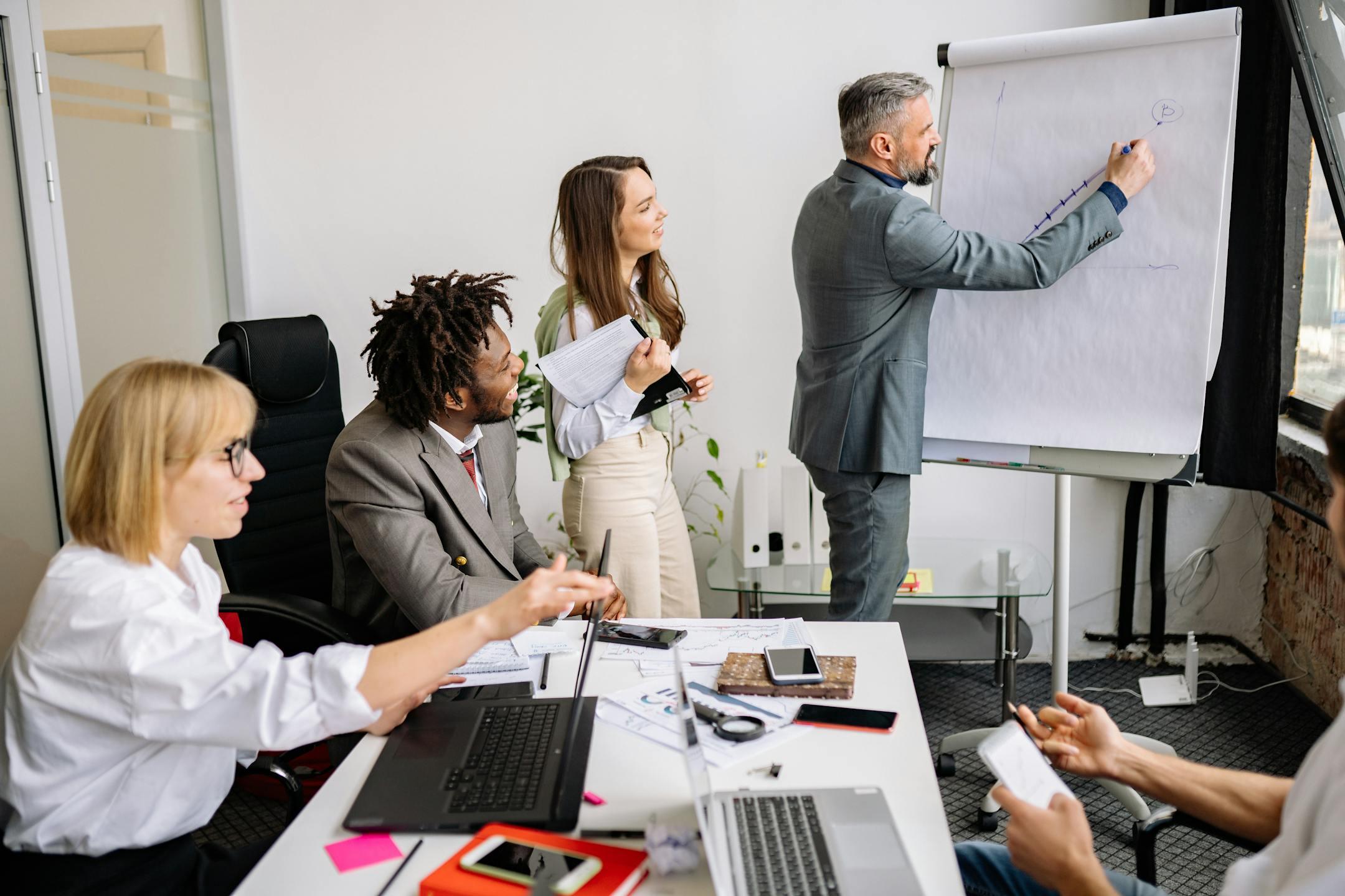 Business professionals brainstorming and collaborating during a team meeting in a modern conference room.