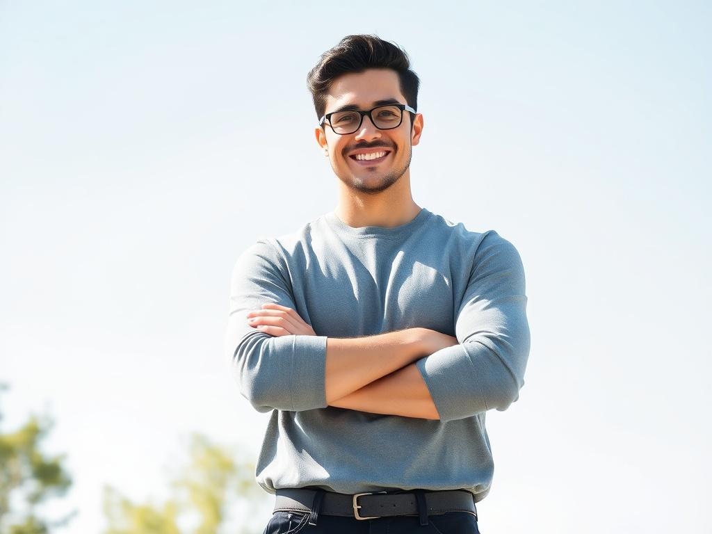 A clean, minimalistic portrait of a confident individual standing outdoors with arms crossed. The background features a bright sky and a hint of green trees, symbolizing freedom and growth. The subject should exude a sense of purpose and clarity, with a warm smile that invites trust and connection.