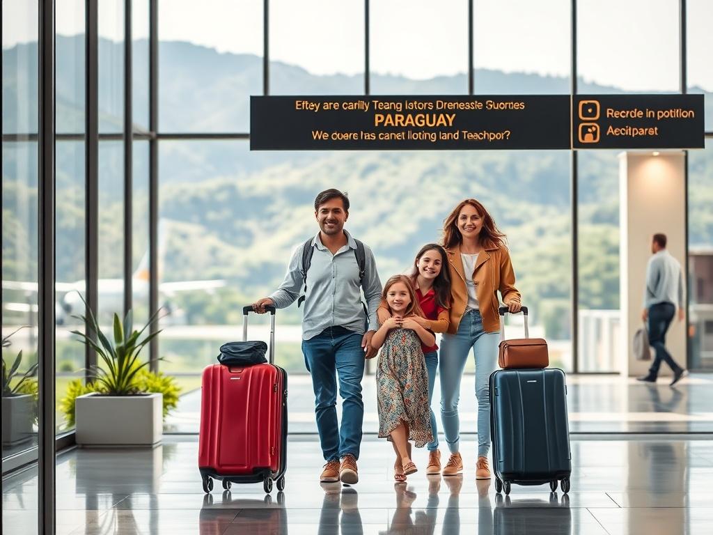 A warm and inviting scene showcasing a family arriving at an airport in Paraguay, with a friendly local guide welcoming them. The background features stunning Paraguayan landscapes, including lush greenery and a glimpse of the country's vibrant culture. The focus is on the family, expressing joy and excitement, with luggage in tow, ready to embark on their new life. The composition should be minimalistic, capturing the essence of adventure and new beginnings.