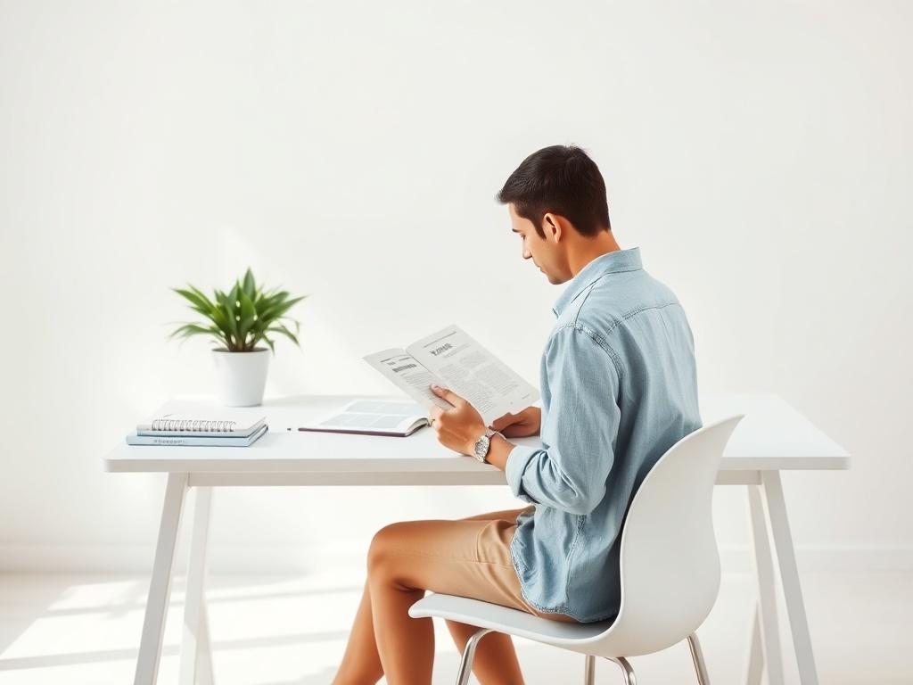 A person sitting at a clean desk, intently reading a well-organized guide on achieving freedom. The space is bright and airy, symbolizing clarity and focus, with a plant in the background adding a touch of life and positivity.