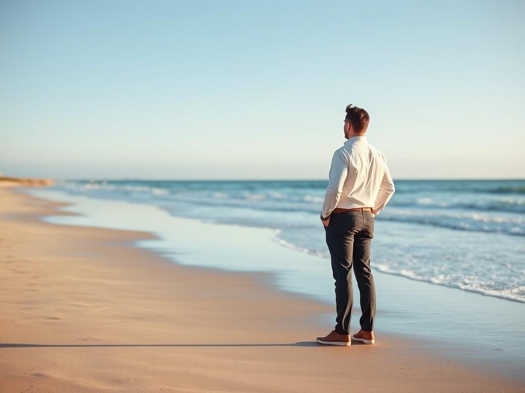 A confident entrepreneur standing on a beach, looking out at the horizon with a sense of freedom and potential. The image captures the essence of independence, with clear blue skies and gentle waves in the background, symbolizing new opportunities.