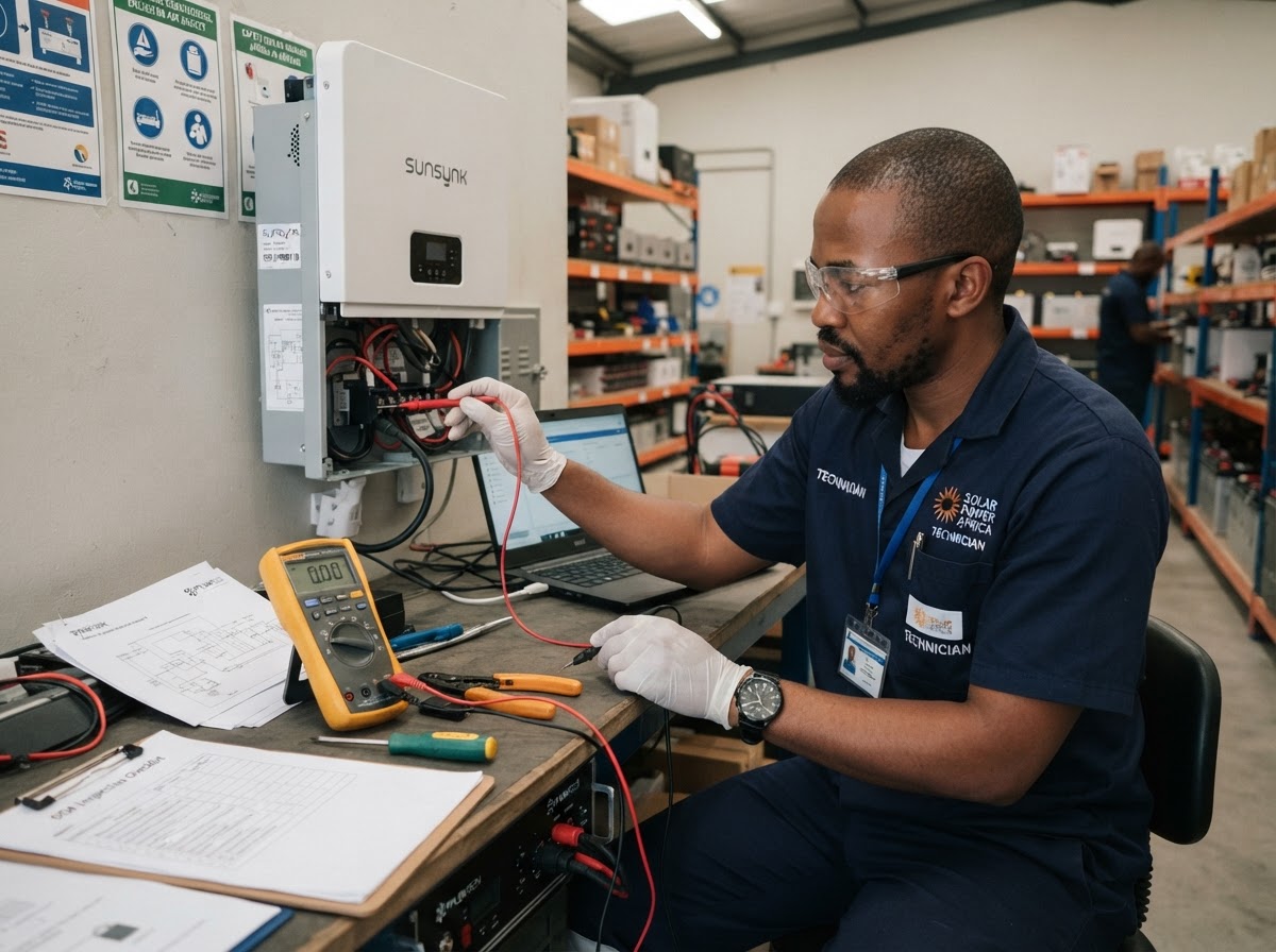 Solar technician performing incoming equipment inspection and testing protocols