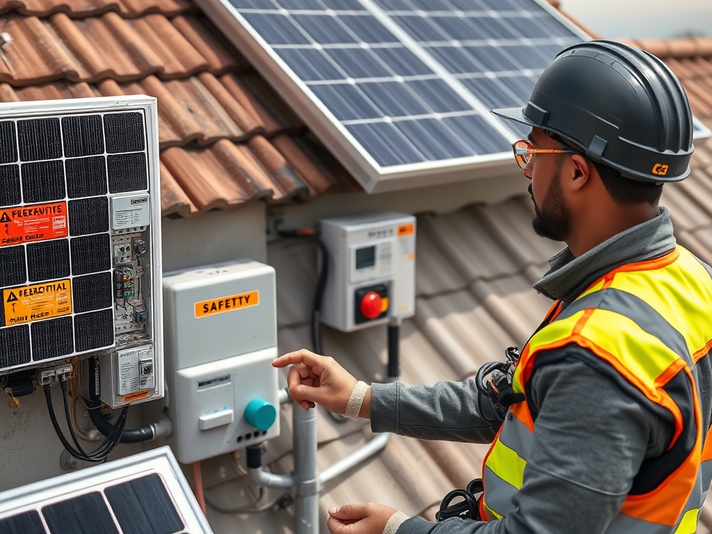 Professional solar installer with safety equipment examining electrical connections on grid-tied solar installation