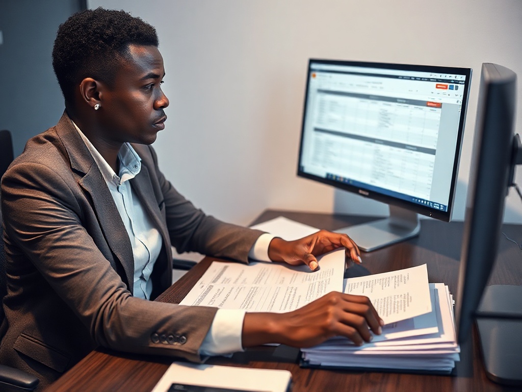 Professional South African person of colour reviewing B-BBEE certificates and supplier documentation with compliance files and supplier database