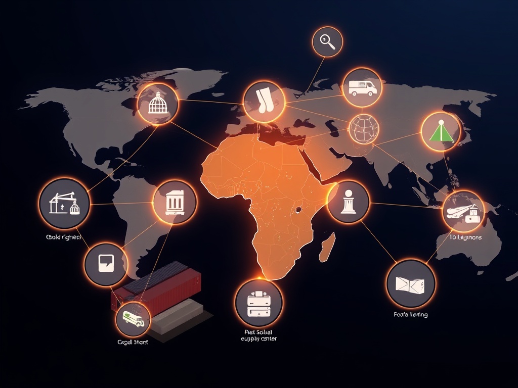 Professional South African supply chain network visualization showing resilient supplier networks, interconnected logistics, solar equipment containers, and global trade flow