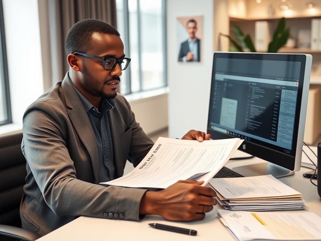 Professional South African solar business specialist reviewing B-BBEE documentation and compliance files with supplier database