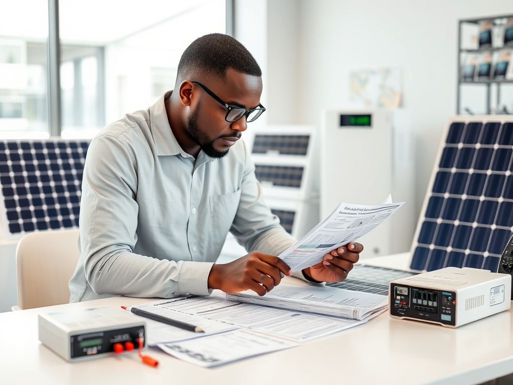 Professional South African technician of colour reviewing and comparing solar panel and inverter specifications with product datasheets and equipment alternatives