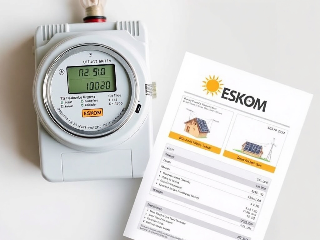 Professional utility meter and Eskom billing documentation showing solar export tariffs and metering requirements