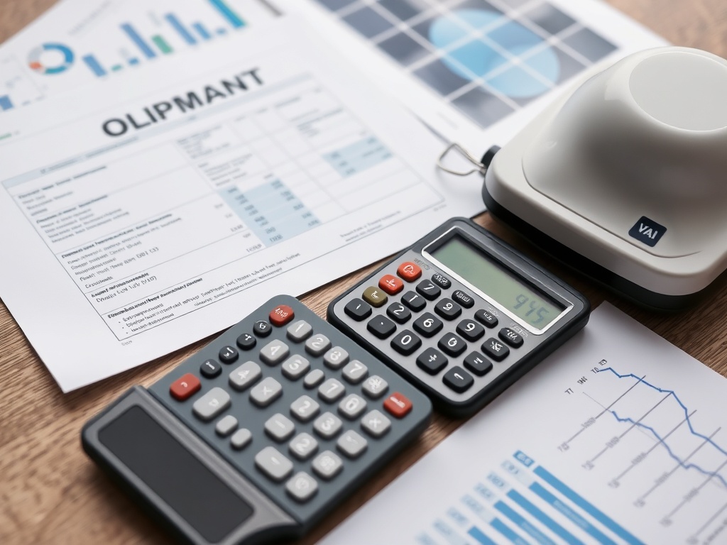 Professional business finance image showing VAT tax document, calculator, and solar installer equipment on a desk with financial charts and compliance paperwork