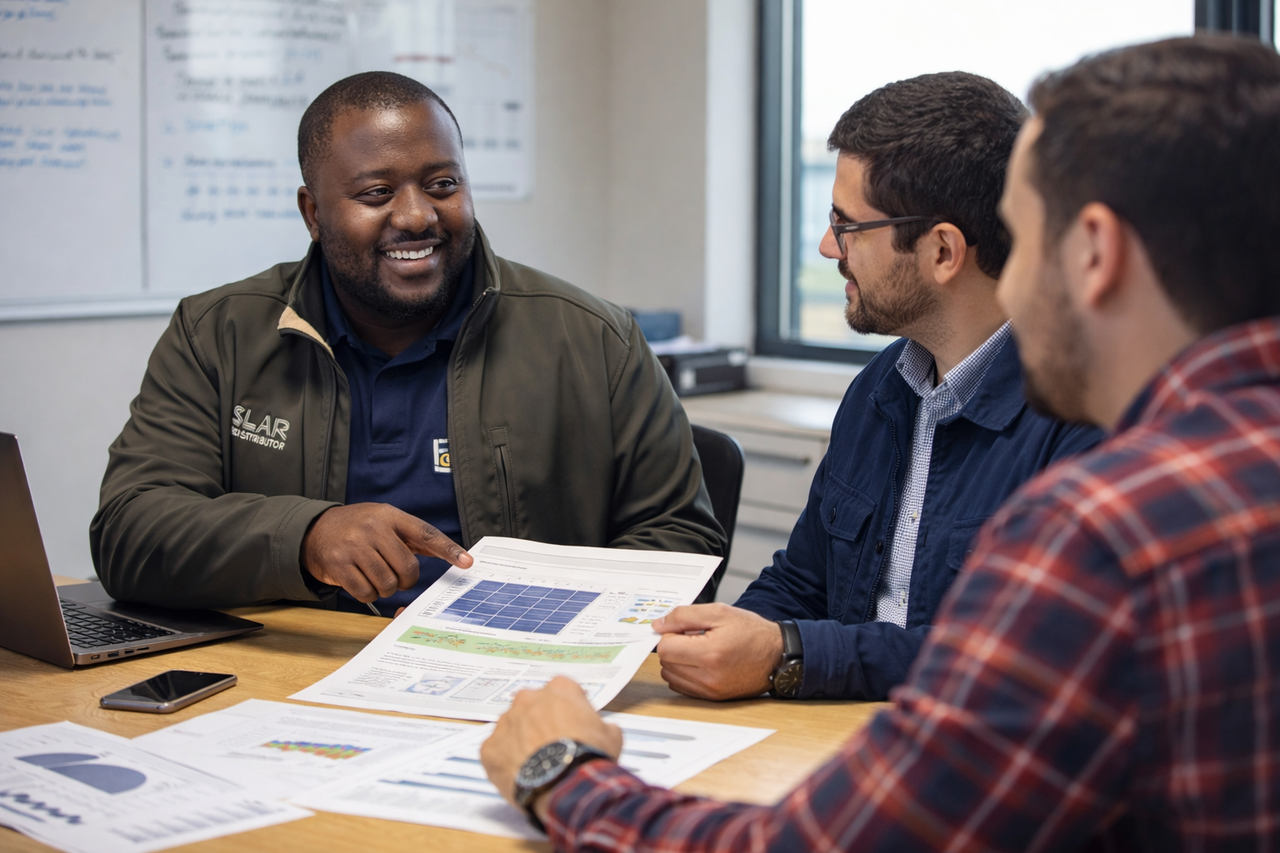 Professional solar installer team collaborating
