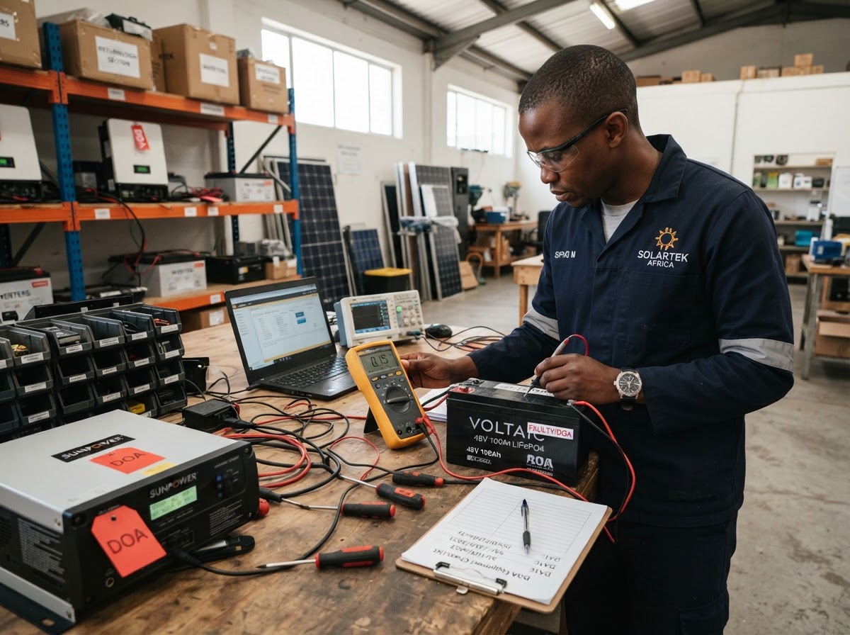 Professional South African solar technician performing incoming equipment inspection and testing protocols for dead-on-arrival solar equipment