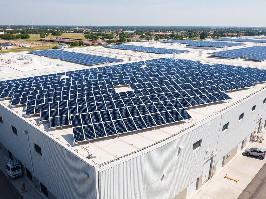 Large commercial rooftop solar installation on industrial warehouse with multiple panel arrays