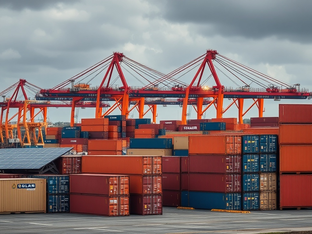 Professional port logistics with shipping containers and solar equipment at South African port showing cargo disruptions and import challenges