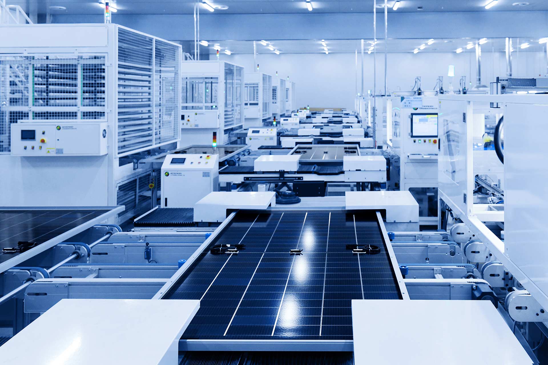Astronergy solar panels stacked in warehouse inventory showing high-efficiency photovoltaic modules