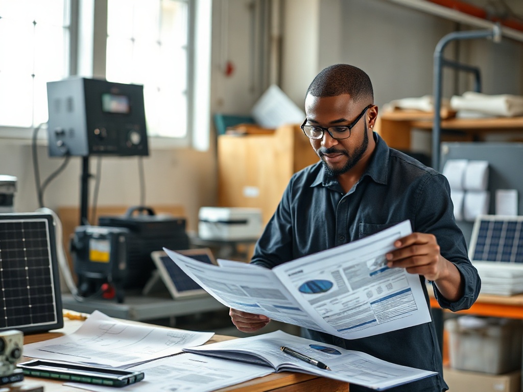 Professional solar technician person of color reviewing technical diagrams and registration documentation for solar systems