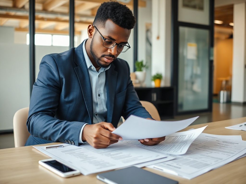 Professional solar installer person of color reviewing municipal SSEG approval documents and contracts with compliance paperwork