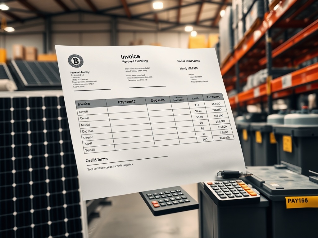 Professional B2B solar equipment cashflow management with invoices, payment terms, and warehouse inventory