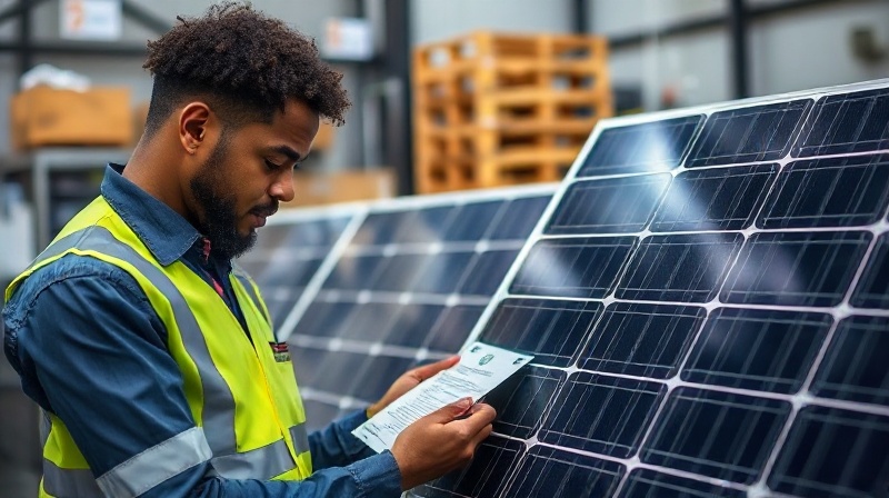 Professional solar technician person of color inspecting and verifying solar panel authenticity