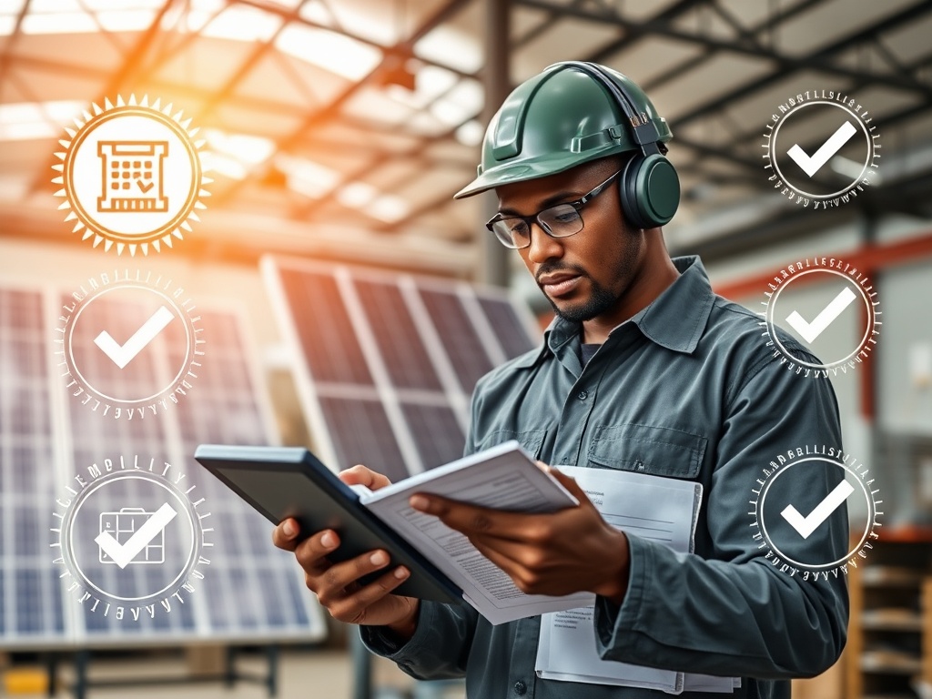 Solar technician reviewing commissioning documentation with digital testing equipment and quality assurance checklist