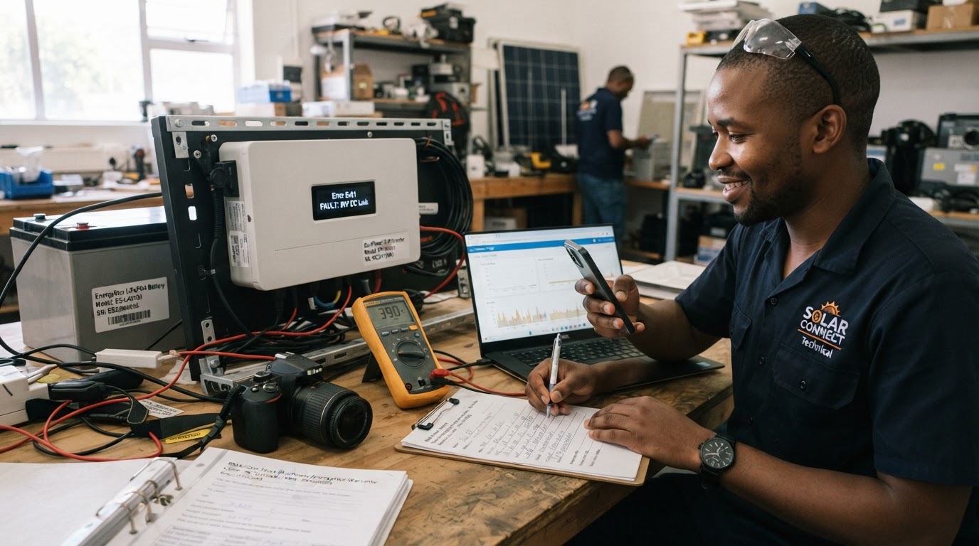 Professional South African solar technician documenting RMA warranty claim with diagnostic testing, serial numbers, and fault diagnosis evidence pack