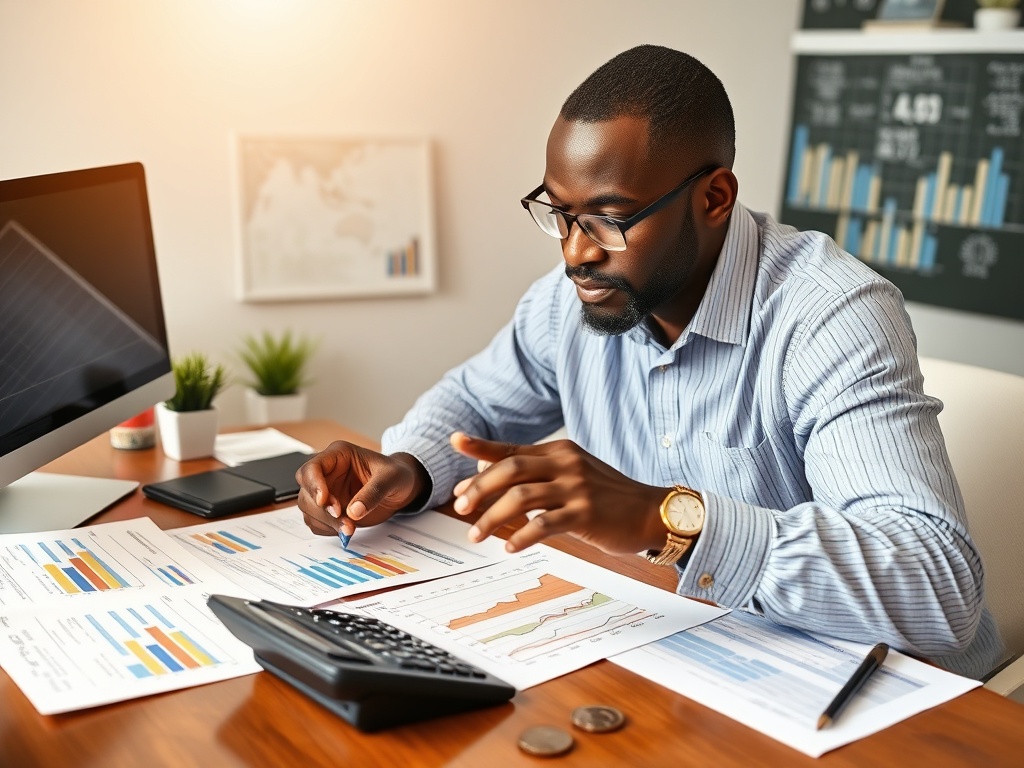 Professional South African financial analyst of colour analyzing exchange rate risk and pricing models for solar equipment imports with currency charts and ZAR/USD pricing documentation
