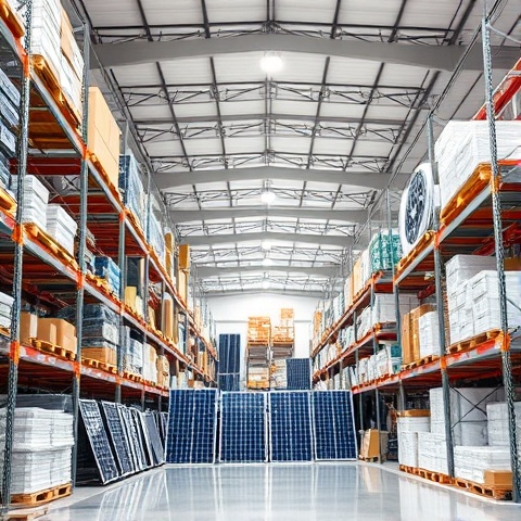 Organized solar equipment inventory warehouse with systematic stock management and accessible products
