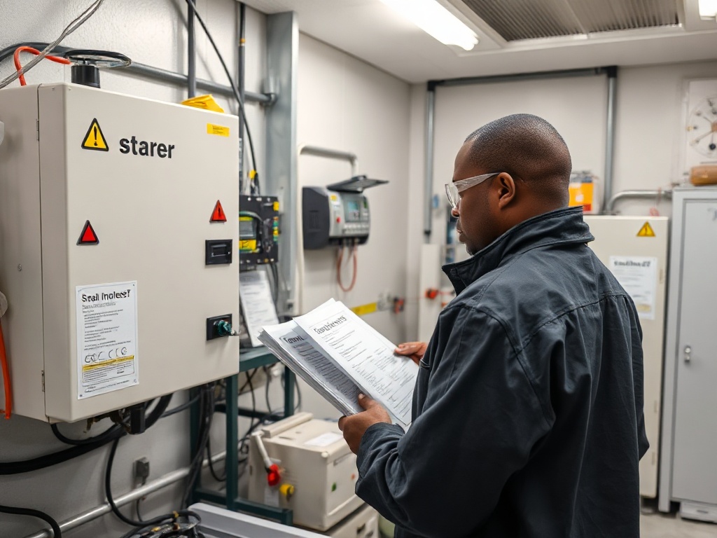 Professional laboratory testing environment showing a solar inverter technician of colour being tested for NRS 097 compliance with test certificates and documentation