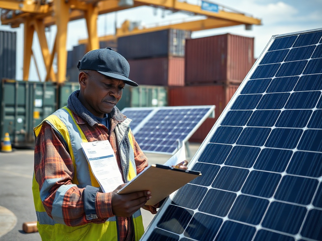 Professional South African technician of colour examining solar panels at port warehouse with customs documentation and import paperwork