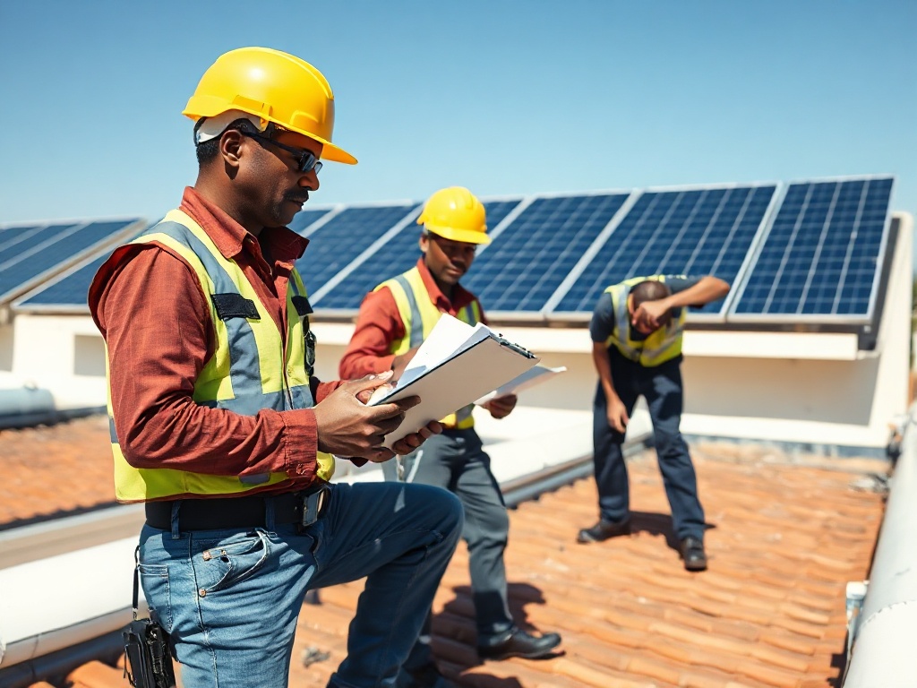 Professional solar installation and quality assurance with technicians commissioning PV system