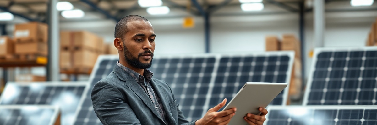 Professional solar energy expert person of color examining solar panels in distribution center